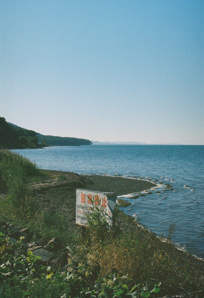 青空の下の海岸と、立っている看板
