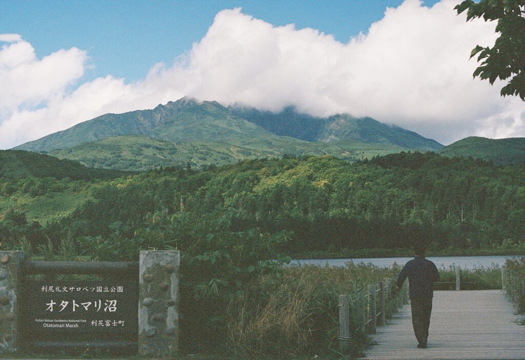 沼の木道を歩く人と、雲のかかった山