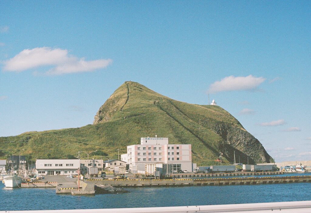 港の白い建物と、緑の山と青空